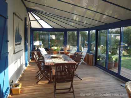 Véranda et terrasse intérieure en bois prolongée d'une terrasse extérieure - réalisés en 2006 à Larmor-Baden, Morbihan (56) Bretagne veranda et terrasse bois interieure exterieure
